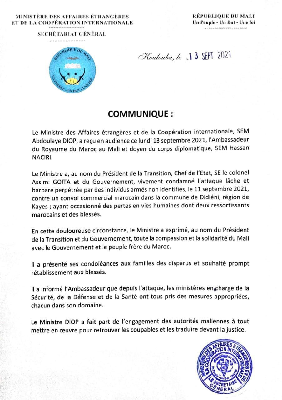 وزير الخارجية المالي يدين الهجوم الشنيع على السائقين المغربيين ويتوعد الجناة بتقديمهم إلى العدالة (بلاغ) وزير الخارجية المالي يدين الهجوم الشنيع على السائقين المغربيين ويتوعد الجناة بتقديمهم إلى العدالة (بلاغ)
