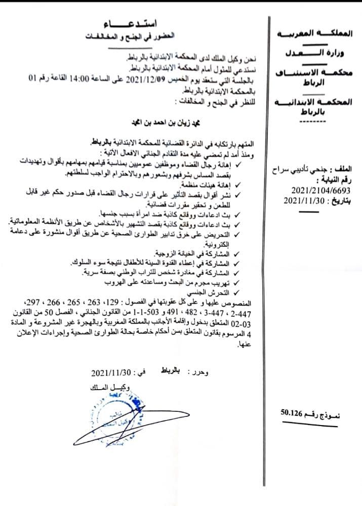 تحرش جنسي/تهريب شخص خارج أرض الوطن والقائمة طويلة.. تهم كثيرة تلاحق المحامي محمد زيان (وثيقة) تحرش جنسي/تهريب شخص خارج أرض الوطن والقائمة طويلة.. تهم كثيرة تلاحق المحامي محمد زيان (وثيقة)