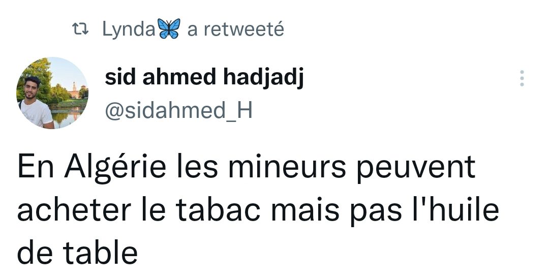 قوة ضاربة في “الميزيريا”.. الجزائريون يُحوّلون قرار منع بيع زيت المائدة للقُصَّر إلى مادة دسمة للسخرية من النظام الحاكم قوة ضاربة في “الميزيريا”.. الجزائريون يُحوّلون قرار منع بيع زيت المائدة للقُصَّر إلى مادة دسمة للسخرية من النظام الحاكم