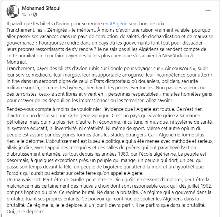 الصحافي والكاتب الجزائري محمد سيفاوي يستنكر غطرسة نظام “الكابرانات” الوحشي (تدوينة) الصحافي والكاتب الجزائري محمد سيفاوي يستنكر غطرسة نظام “الكابرانات” الوحشي (تدوينة)