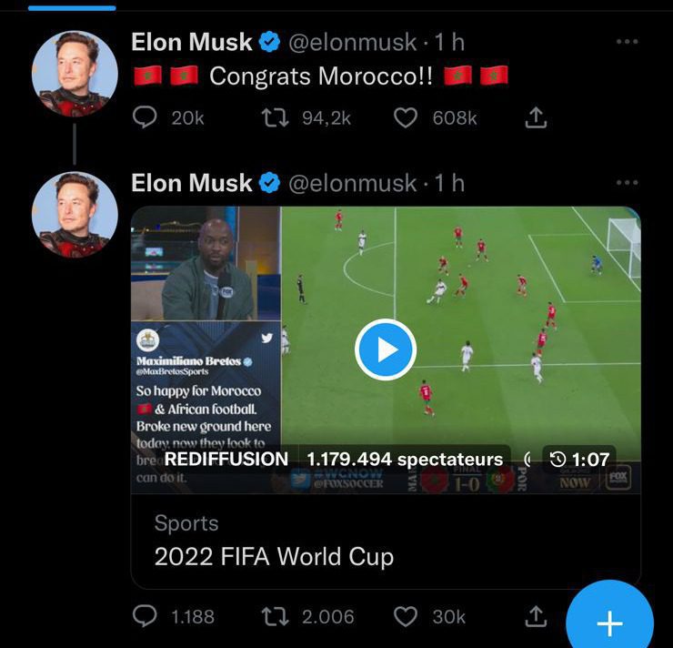 الميلياردير الأمريكي مالك تويتر إيلون ماسك يهنئ المغرب بتأهله لنصف نهائي كأس العالم الميلياردير الأمريكي مالك تويتر إيلون ماسك يهنئ المغرب بتأهله لنصف نهائي كأس العالم