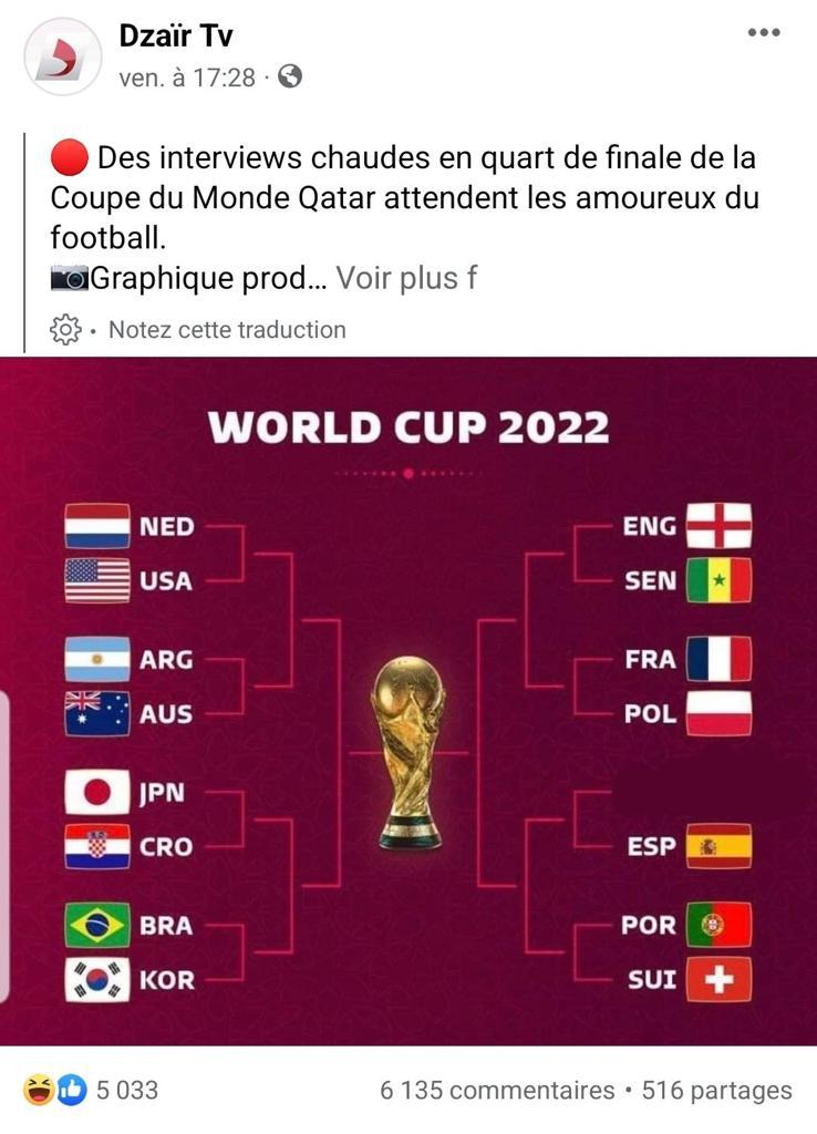 العداء لكل ما هو مغربي بلغ مداه.. الإعلام الجزائري يحذف المغرب من قائمة المنتخبات المؤهلة للعب ثمن نهائي كأس العالم 2022 (صورة) العداء لكل ما هو مغربي بلغ مداه.. الإعلام الجزائري يحذف المغرب من قائمة المنتخبات المؤهلة للعب ثمن نهائي كأس العالم 2022 (صورة)