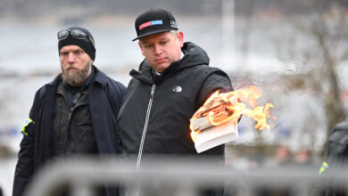 Leader of Danish political party Stram Kurs Rasmus Paludan outside the Turkish embassy, in Stockholm