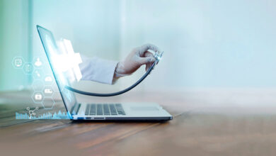 Virtual,Doctor,Concept,,The,Doctor's,Hand,With,Stethoscope,Protrudes,From